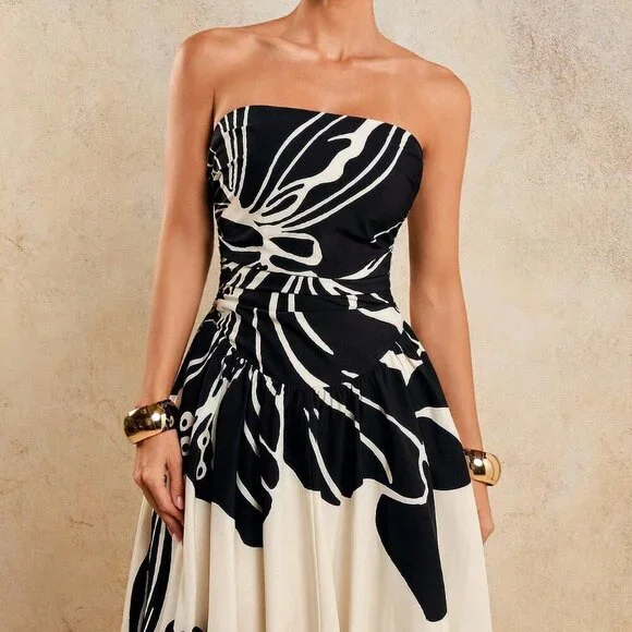 Black And White Elegant Women's Ruched Printed Dress - Picture 4 of 7